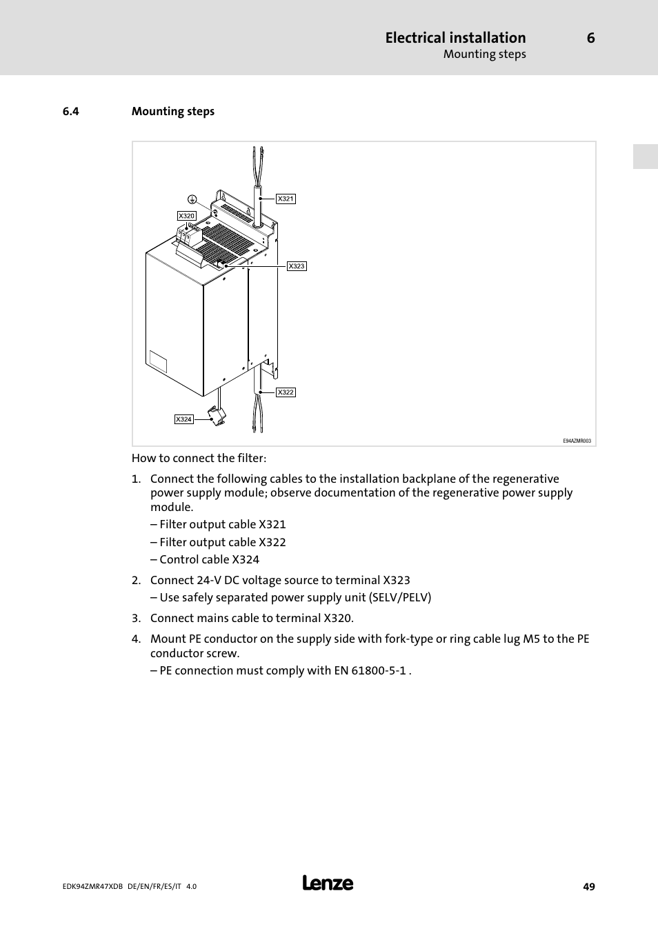 Mounting steps | Lenze E94AZMR User Manual | Page 49 / 122