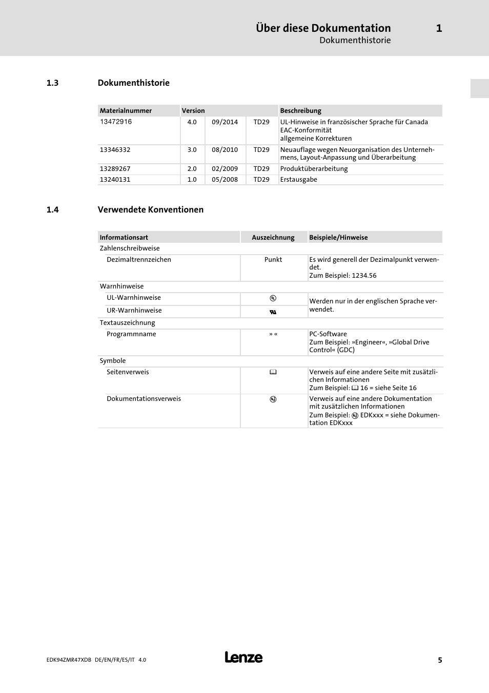 Dokumenthistorie, Verwendete konventionen, Über diese dokumentation | Lenze E94AZMR User Manual | Page 5 / 122