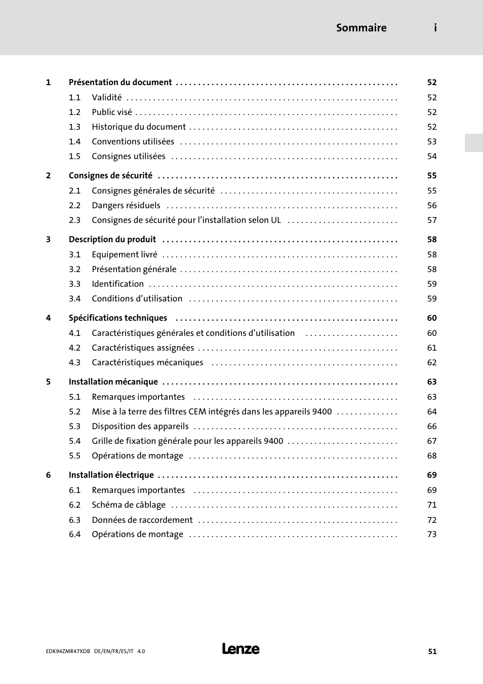 Sommaire, Sommaire i | Lenze E94AZMR User Manual | Page 51 / 122