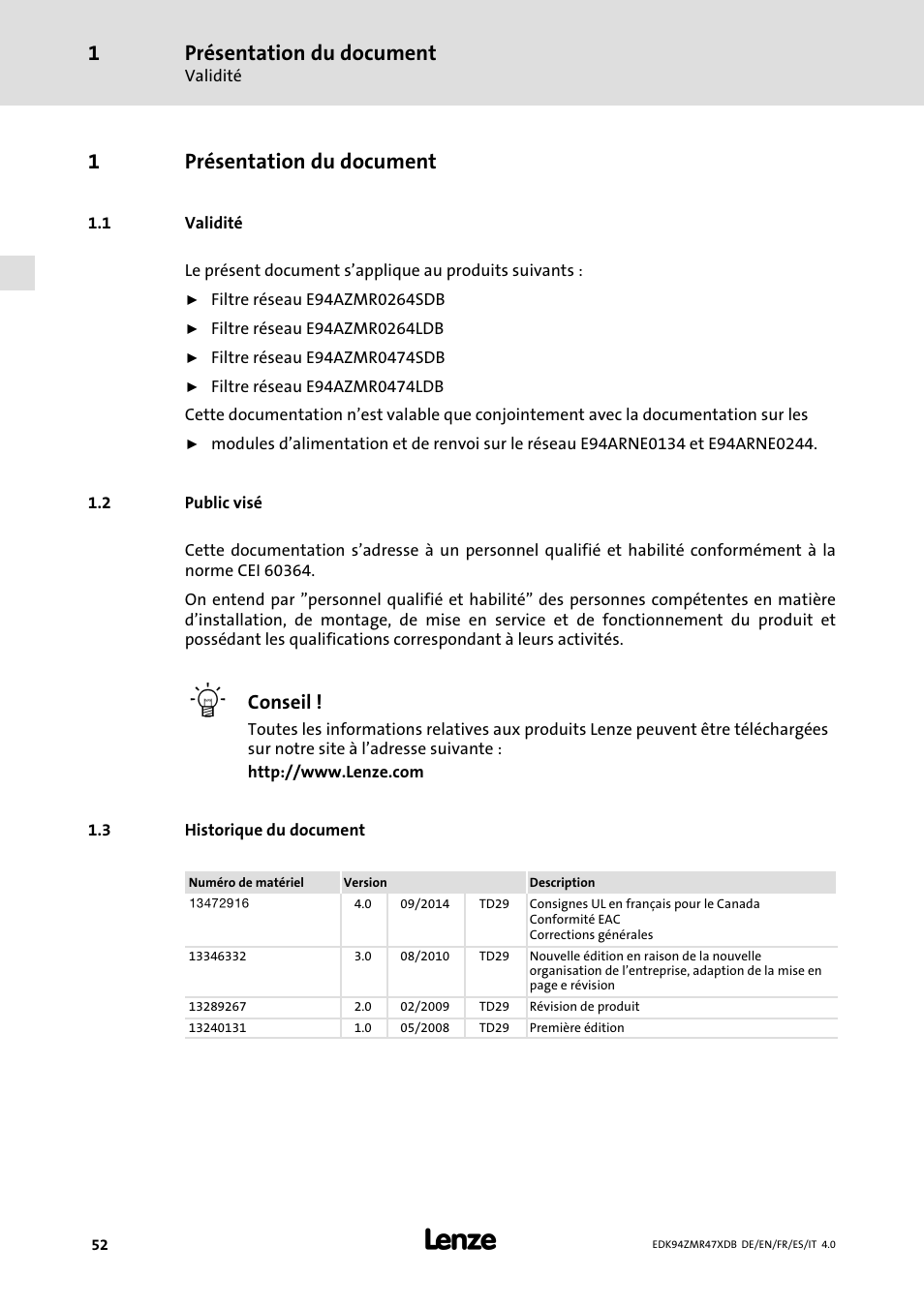 Présentation du document, Validité, Public visé | Historique du document, 1présentation du document, Conseil | Lenze E94AZMR User Manual | Page 52 / 122