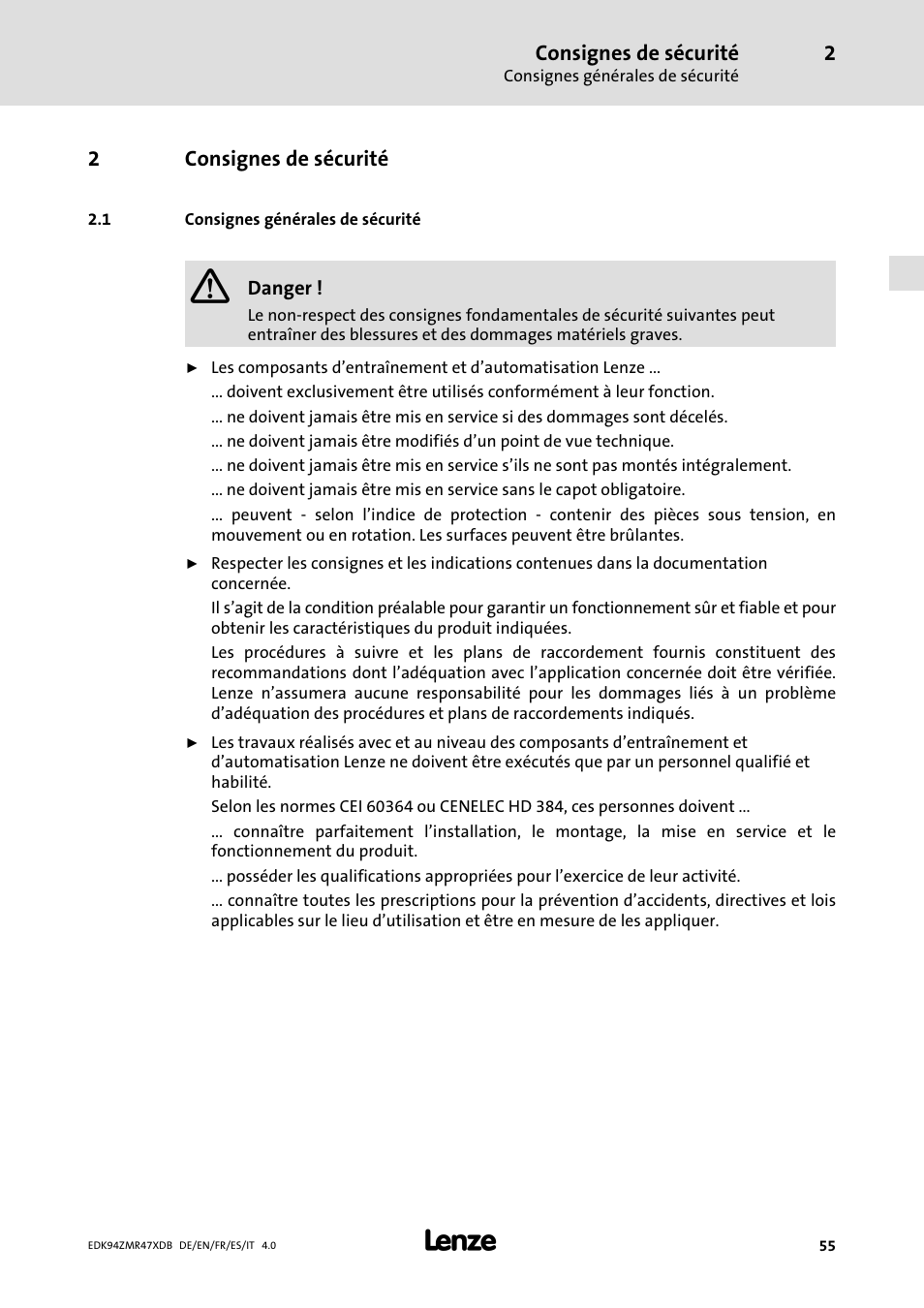 Consignes de sécurité, Consignes générales de sécurité | Lenze E94AZMR User Manual | Page 55 / 122