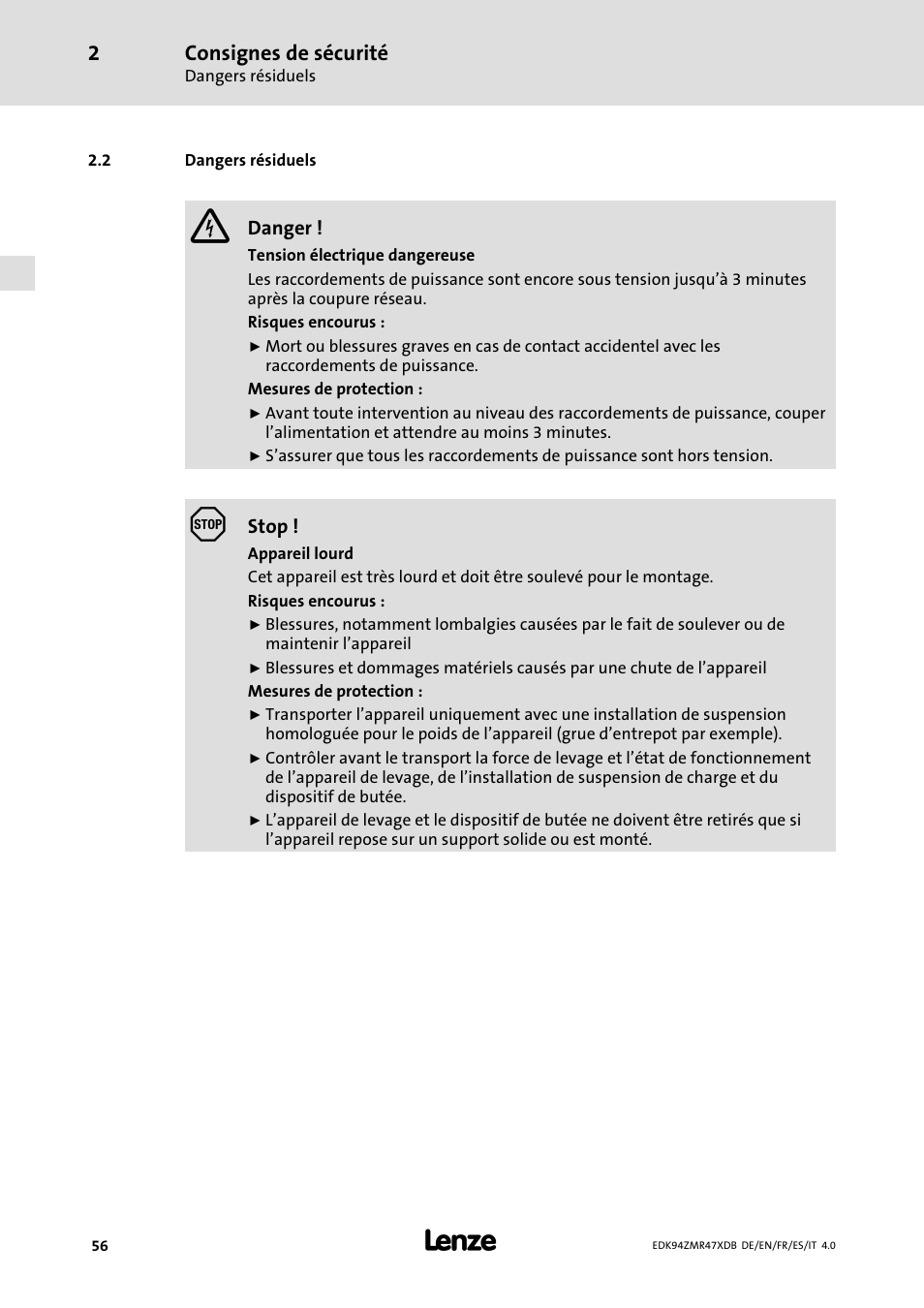 Dangers résiduels, Consignes de sécurité | Lenze E94AZMR User Manual | Page 56 / 122