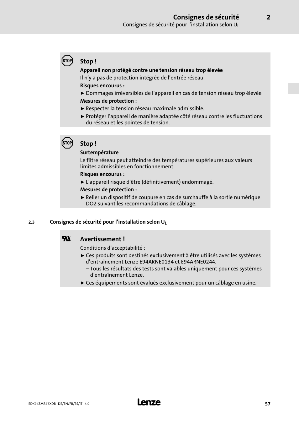 Consignes de sécurité pour l'installation selon ul, Consignes de sécurité pour l’installation selon ul | Lenze E94AZMR User Manual | Page 57 / 122