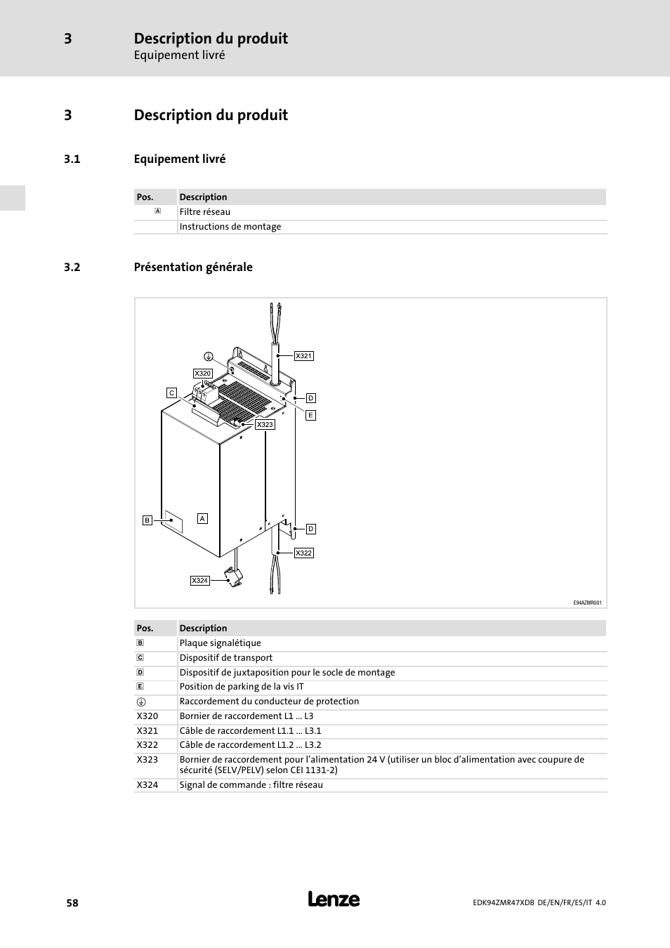 Description du produit, Equipement livré, Présentation générale | 3description du produit | Lenze E94AZMR User Manual | Page 58 / 122