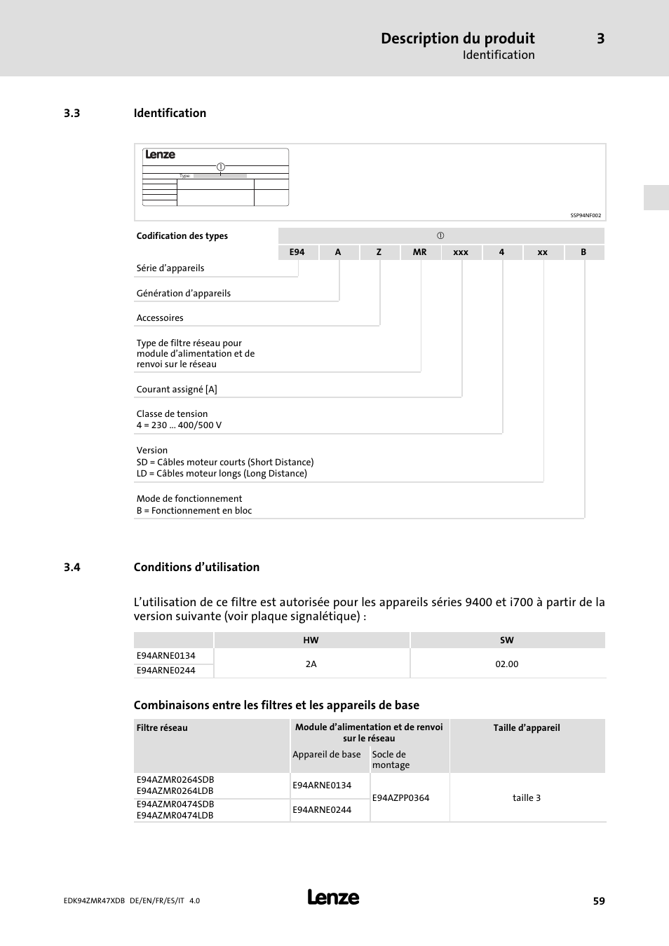 Identification, Conditions d'utilisation, Conditions d’utilisation | Description du produit | Lenze E94AZMR User Manual | Page 59 / 122