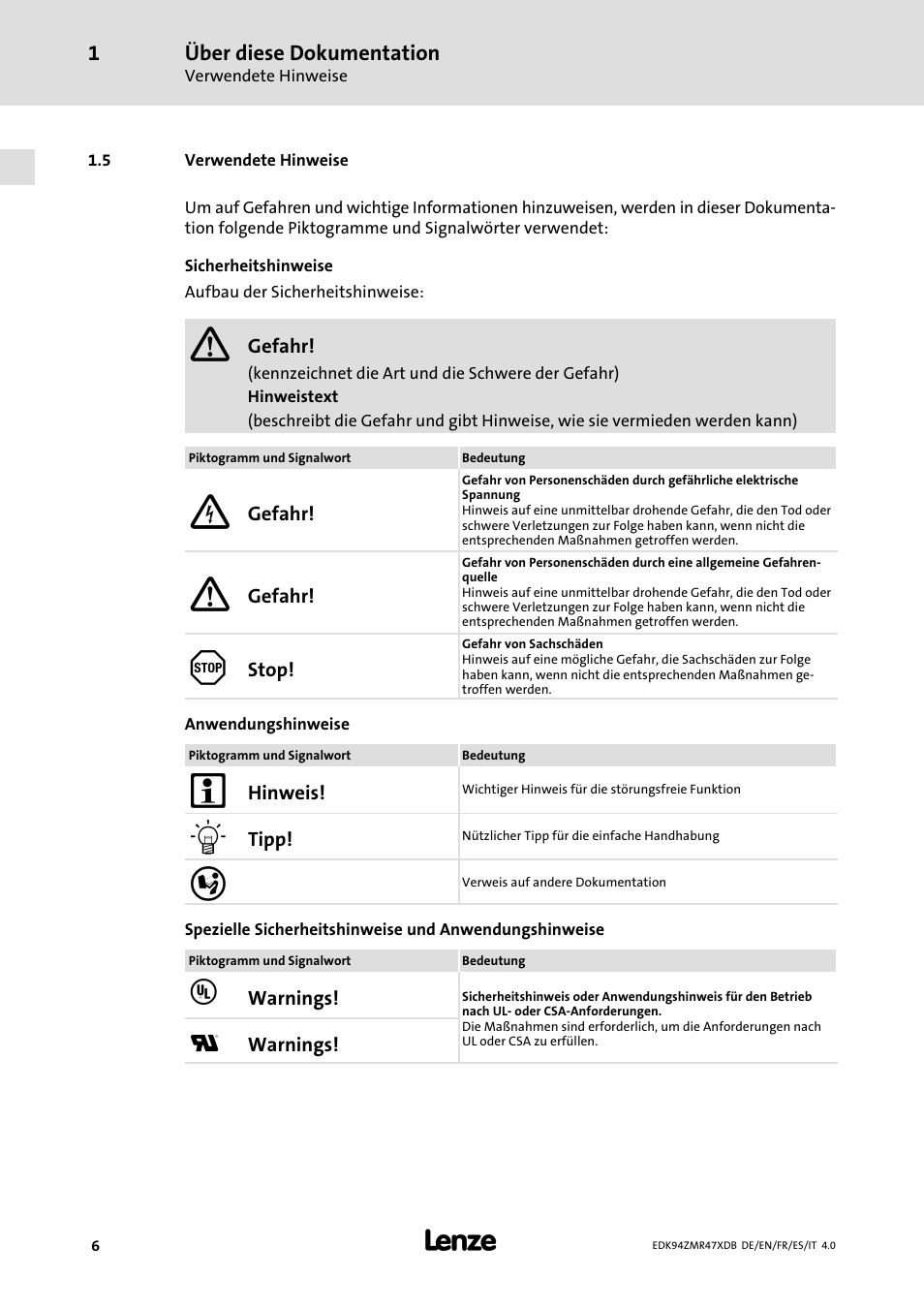 Verwendete hinweise | Lenze E94AZMR User Manual | Page 6 / 122