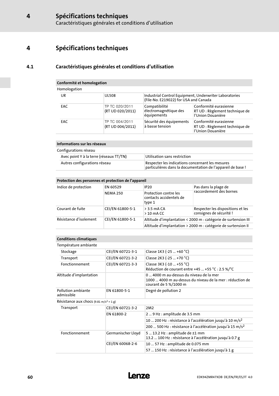 Spécifications techniques, 4spécifications techniques | Lenze E94AZMR User Manual | Page 60 / 122