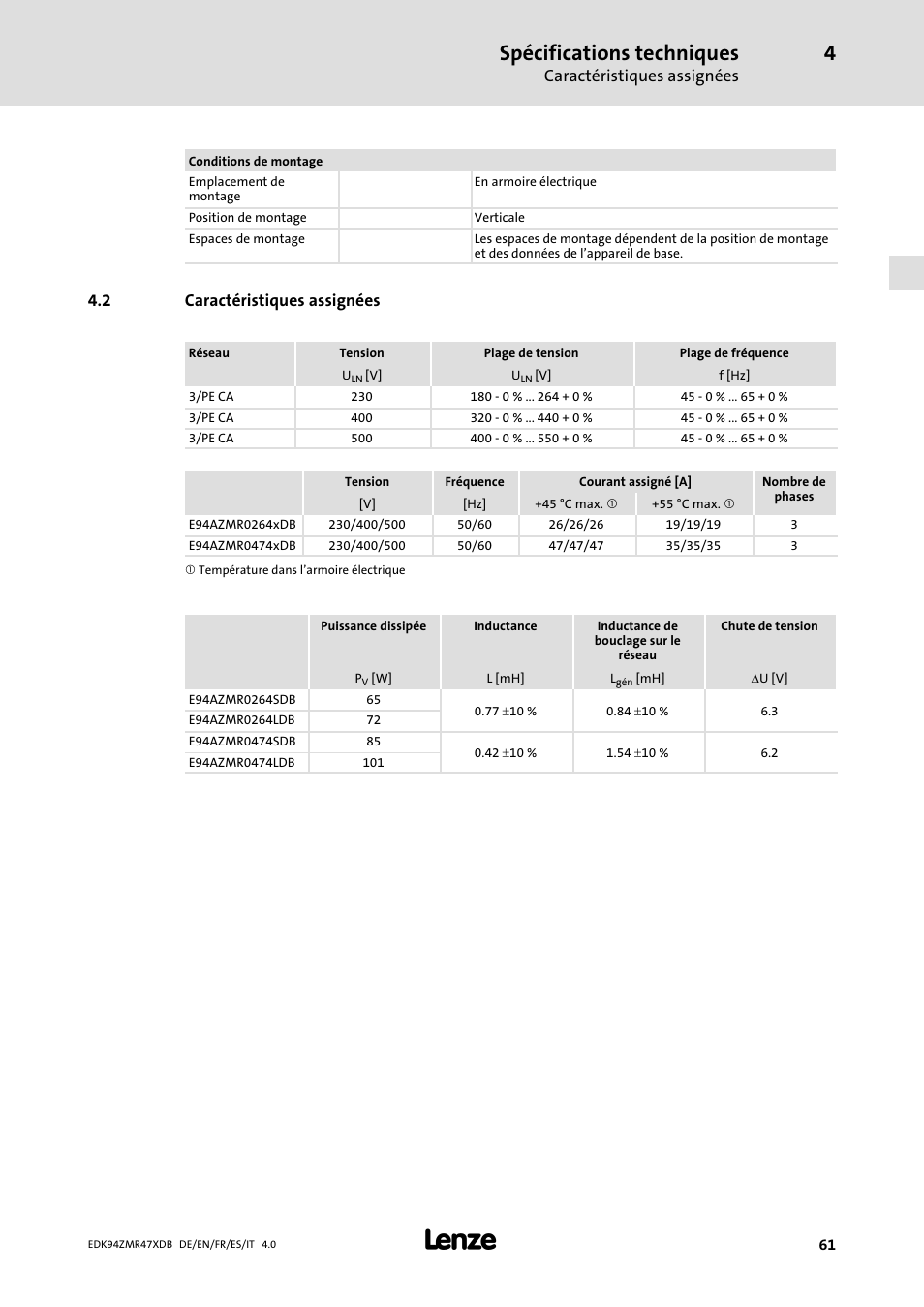 Caractéristiques assignées, Spécifications techniques, 2 caractéristiques assignées | Lenze E94AZMR User Manual | Page 61 / 122