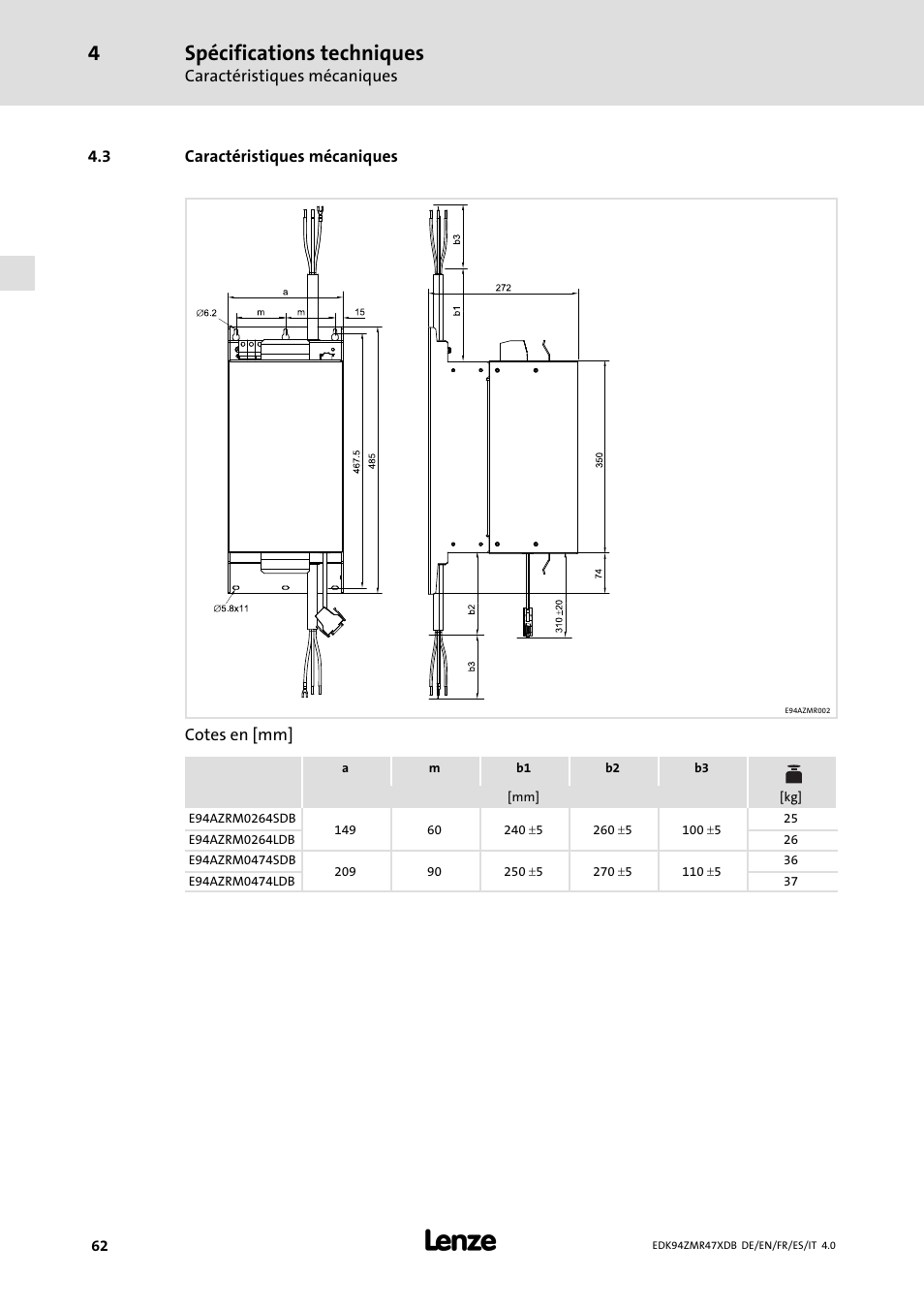 Caractéristiques mécaniques, Spécifications techniques | Lenze E94AZMR User Manual | Page 62 / 122