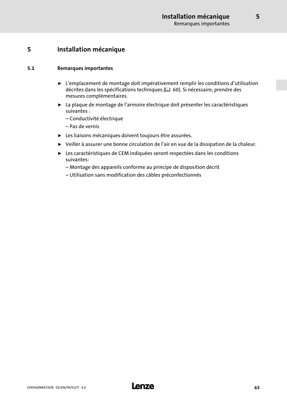 Installation mécanique, Remarques importantes, 5installation mécanique | Lenze E94AZMR User Manual | Page 63 / 122