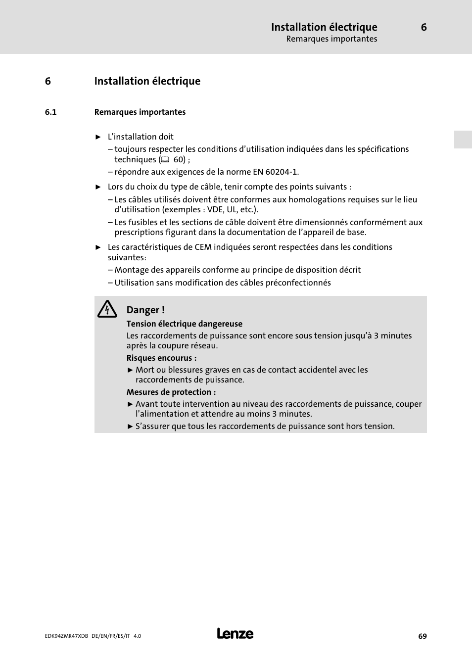 Installation électrique, Remarques importantes | Lenze E94AZMR User Manual | Page 69 / 122