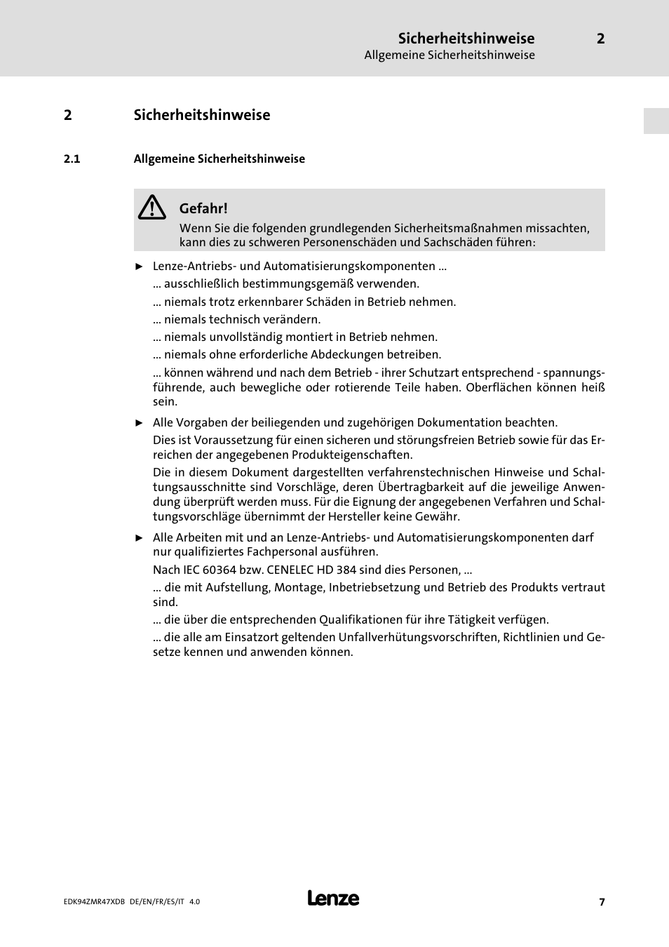 Sicherheitshinweise, Allgemeine sicherheitshinweise | Lenze E94AZMR User Manual | Page 7 / 122