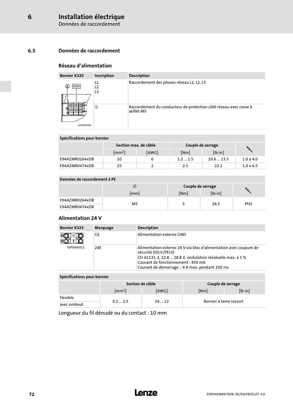 Données de raccordement, Installation électrique | Lenze E94AZMR User Manual | Page 72 / 122