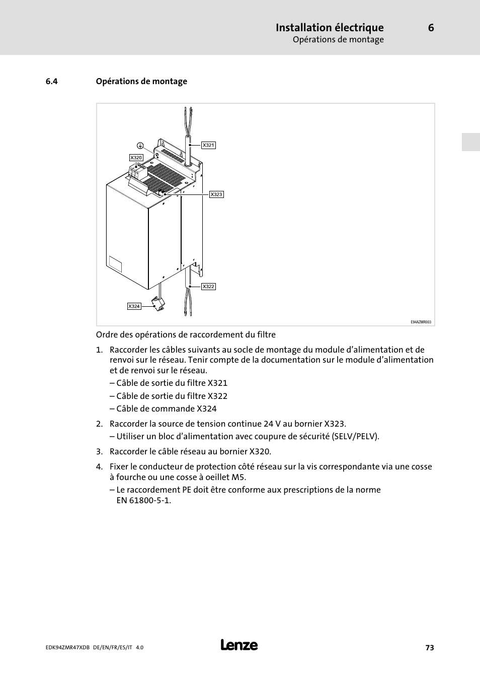 Opérations de montage | Lenze E94AZMR User Manual | Page 73 / 122