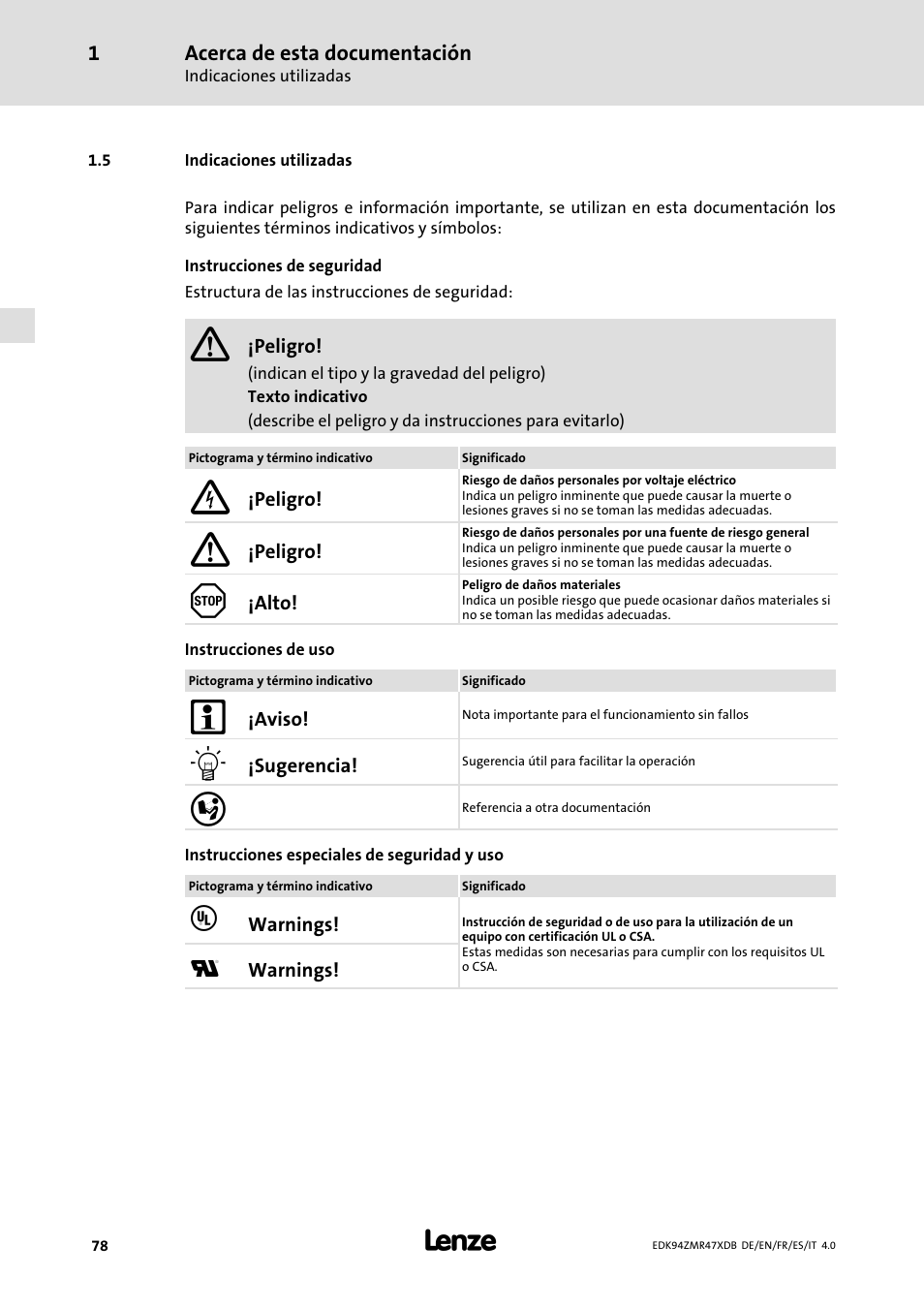 Indicaciones utilizadas | Lenze E94AZMR User Manual | Page 78 / 122