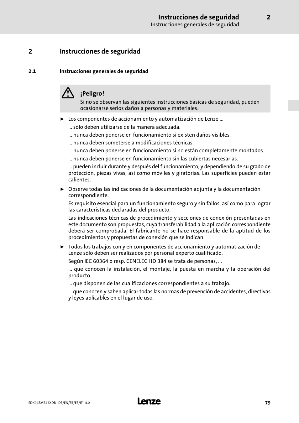 Instrucciones de seguridad, Instrucciones generales de seguridad | Lenze E94AZMR User Manual | Page 79 / 122