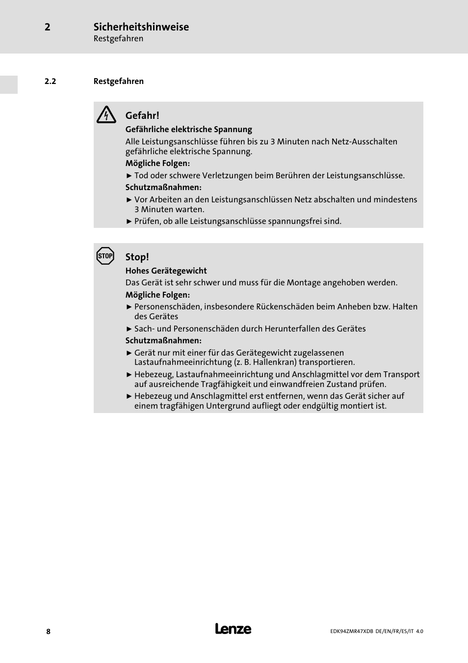 Restgefahren, Sicherheitshinweise | Lenze E94AZMR User Manual | Page 8 / 122