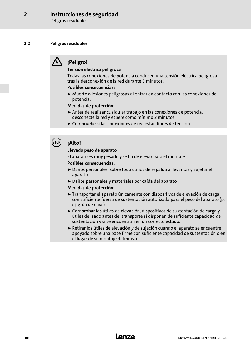 Peligros residuales, Instrucciones de seguridad | Lenze E94AZMR User Manual | Page 80 / 122