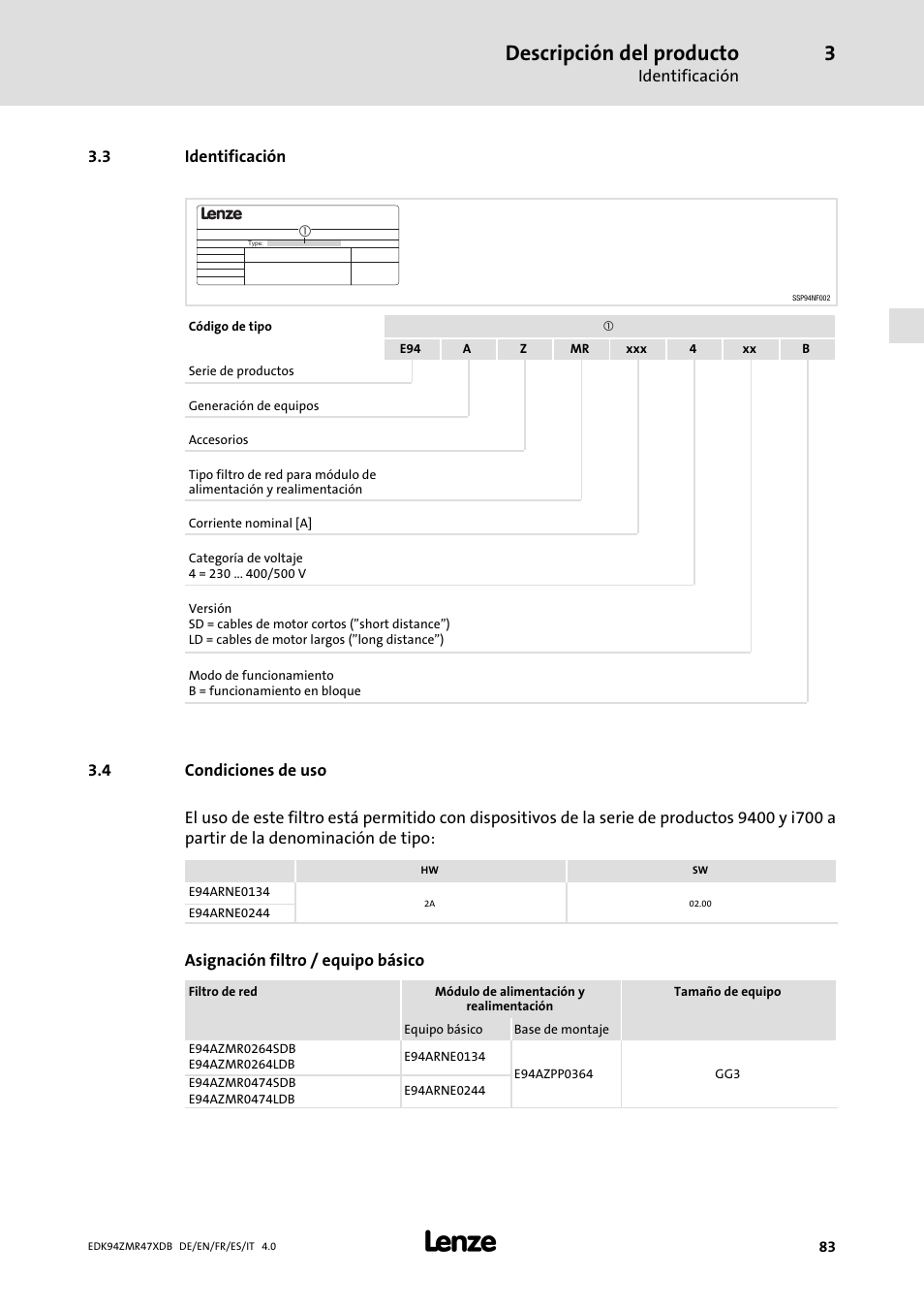 Identificación, Condiciones de uso, Descripción del producto | Lenze E94AZMR User Manual | Page 83 / 122