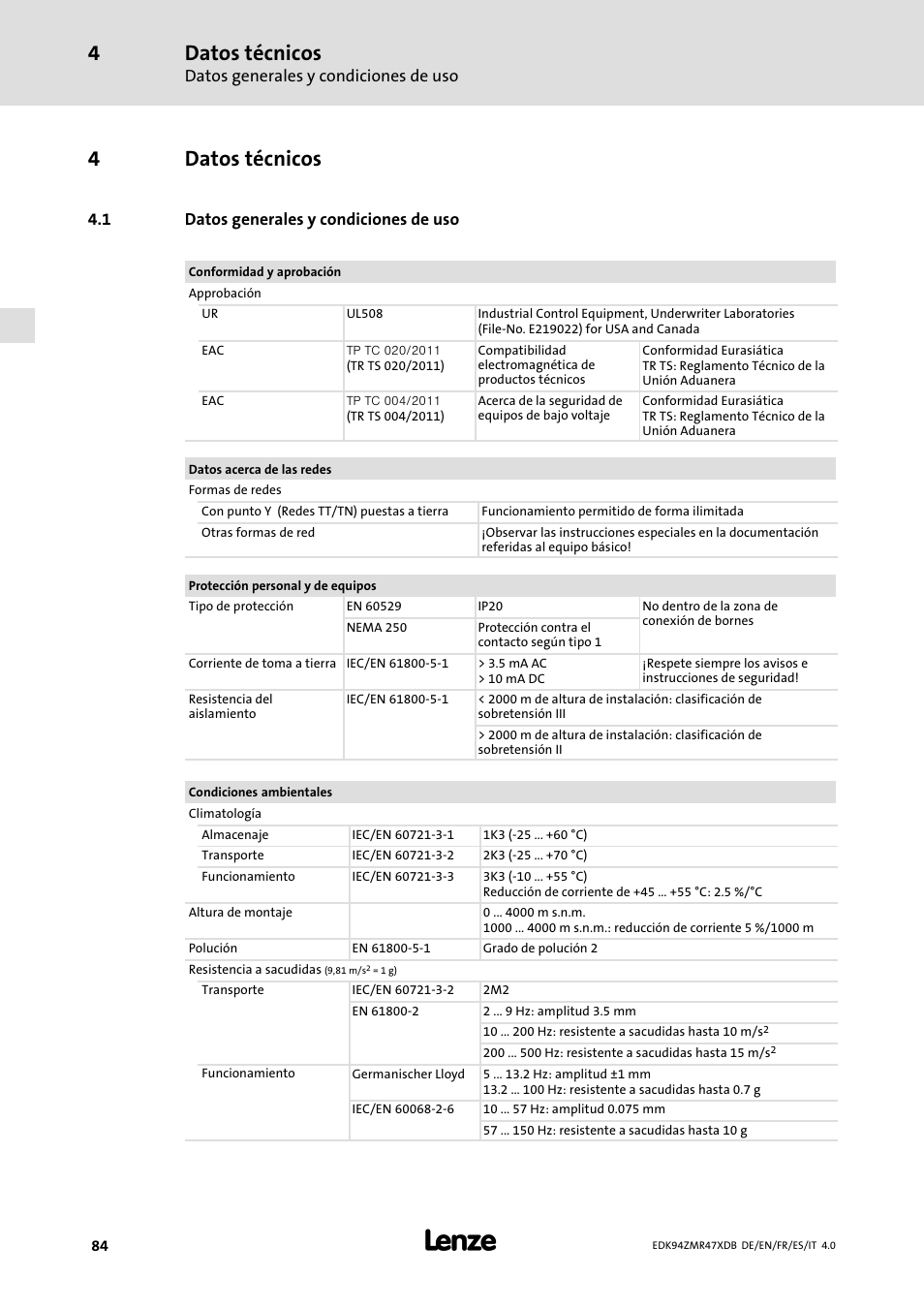 Datos técnicos, Datos generales y condiciones de uso, 4datos técnicos | Lenze E94AZMR User Manual | Page 84 / 122