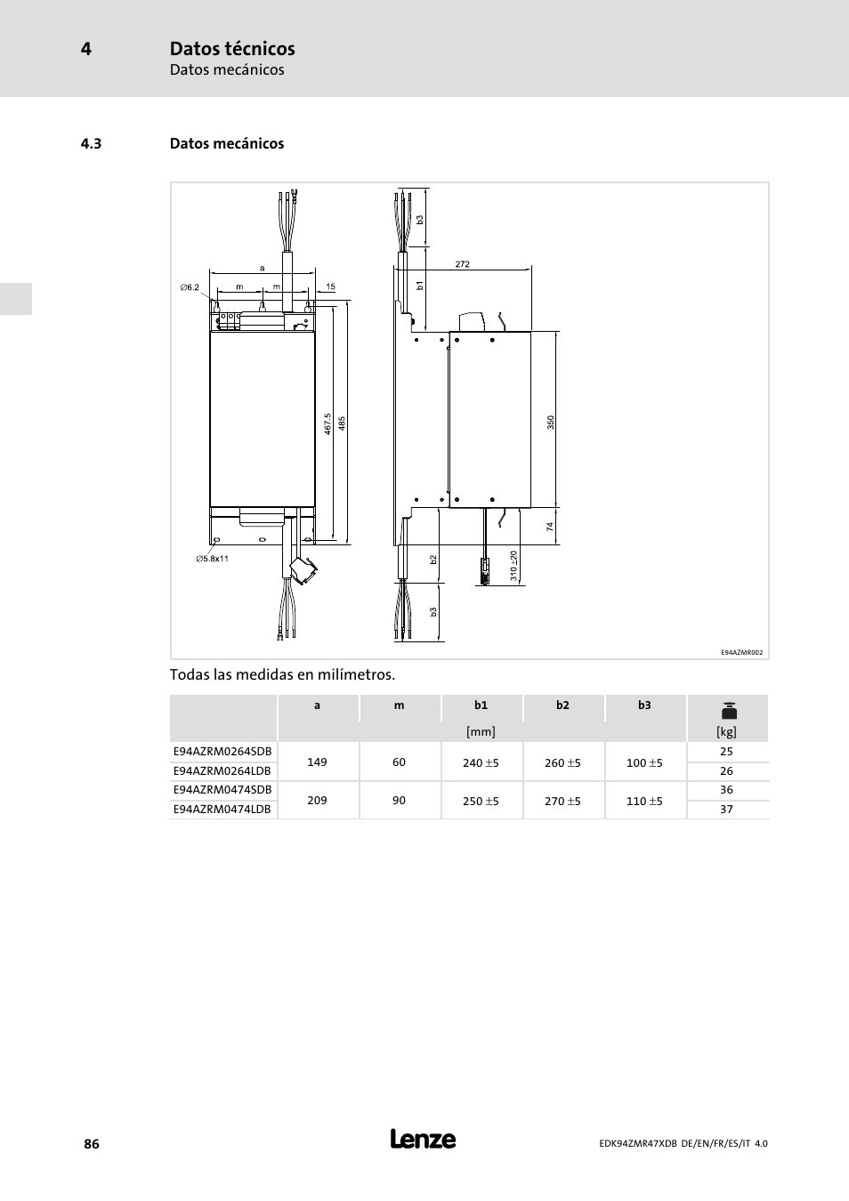 Datos mecánicos, Datos técnicos | Lenze E94AZMR User Manual | Page 86 / 122