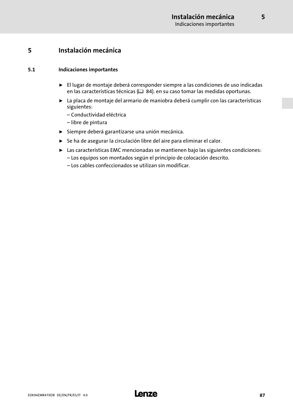 Instalación mecánica, Indicaciones importantes, 5instalación mecánica | Lenze E94AZMR User Manual | Page 87 / 122