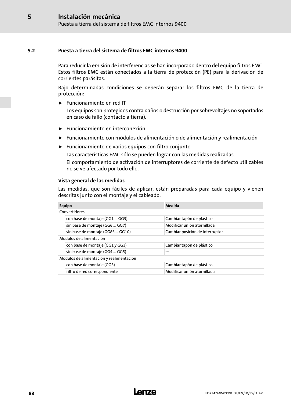 Instalación mecánica | Lenze E94AZMR User Manual | Page 88 / 122