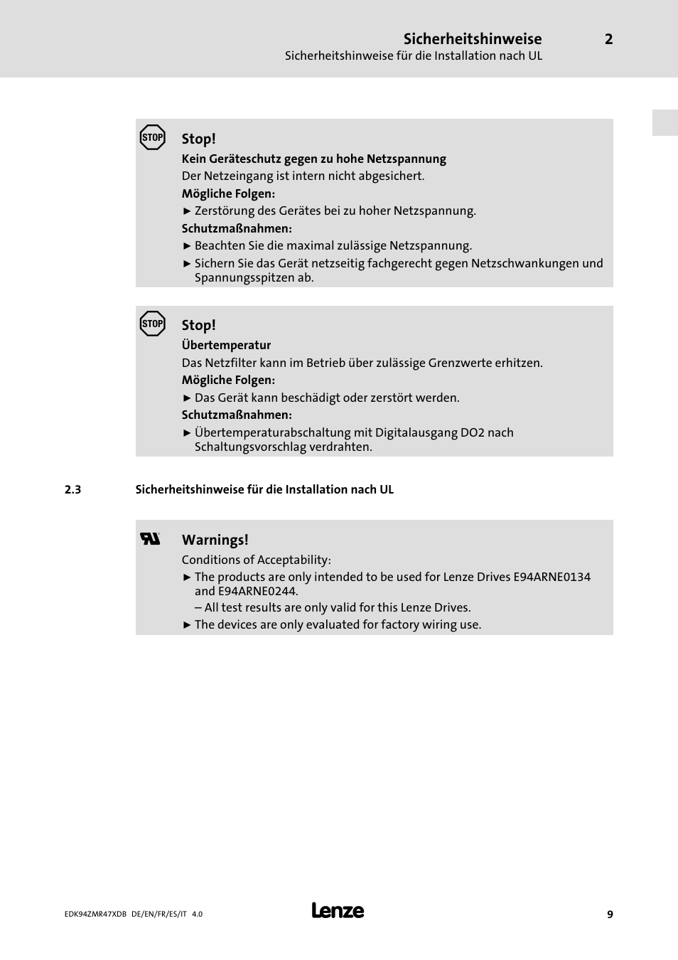 Sicherheitshinweise für die installation nach ul | Lenze E94AZMR User Manual | Page 9 / 122