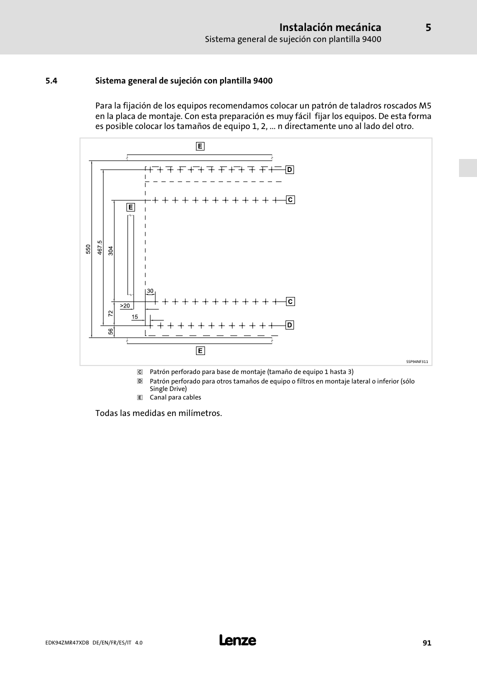 Sistema general de sujeción con plantilla 9400, Instalación mecánica | Lenze E94AZMR User Manual | Page 91 / 122