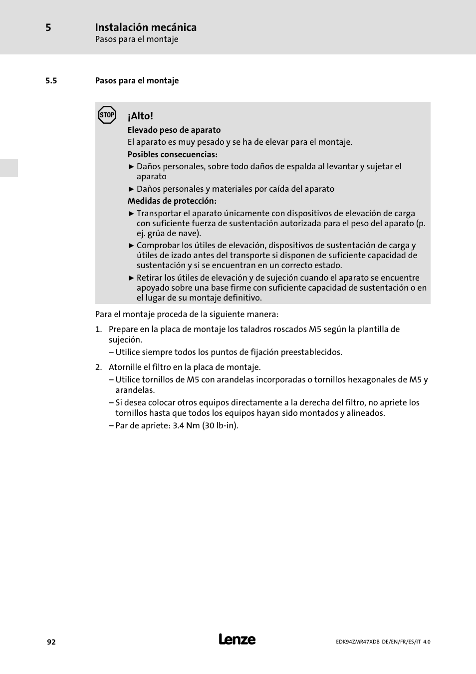 Pasos para el montaje, Instalación mecánica | Lenze E94AZMR User Manual | Page 92 / 122