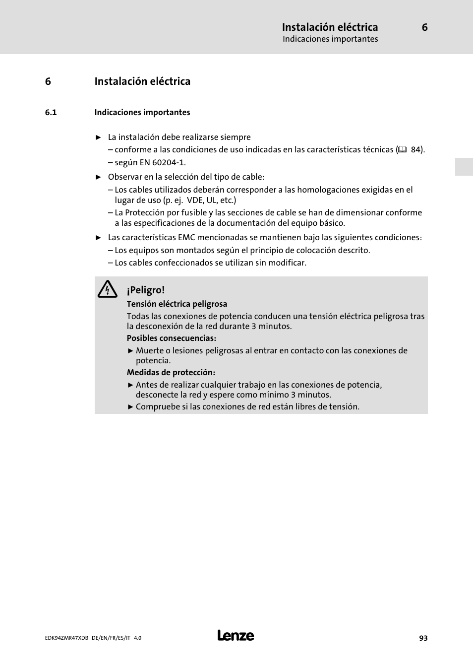 Instalación eléctrica, Indicaciones importantes | Lenze E94AZMR User Manual | Page 93 / 122