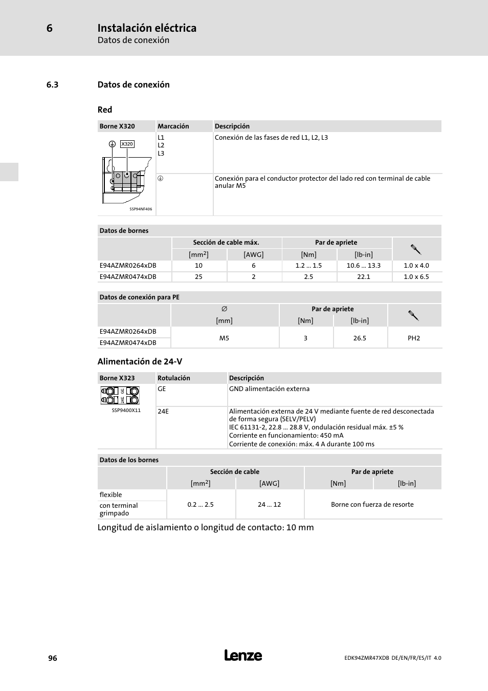 Datos de conexión, Instalación eléctrica | Lenze E94AZMR User Manual | Page 96 / 122