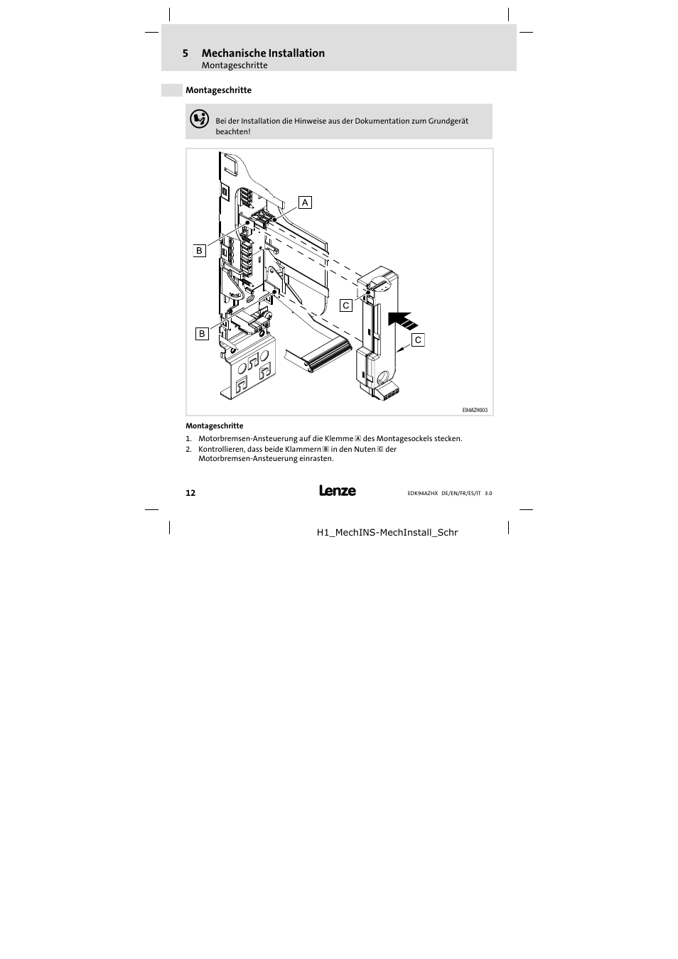Mechanische installation, Montageschritte, 5mechanische installation | Lenze E94AZHX0051 User Manual | Page 12 / 88