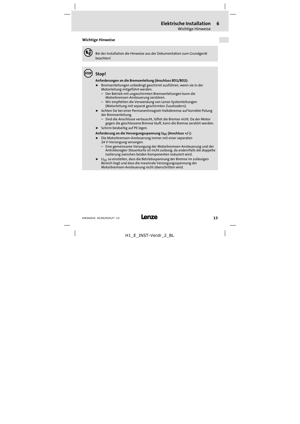 Elektrische installation, Wichtige hinweise | Lenze E94AZHX0051 User Manual | Page 13 / 88