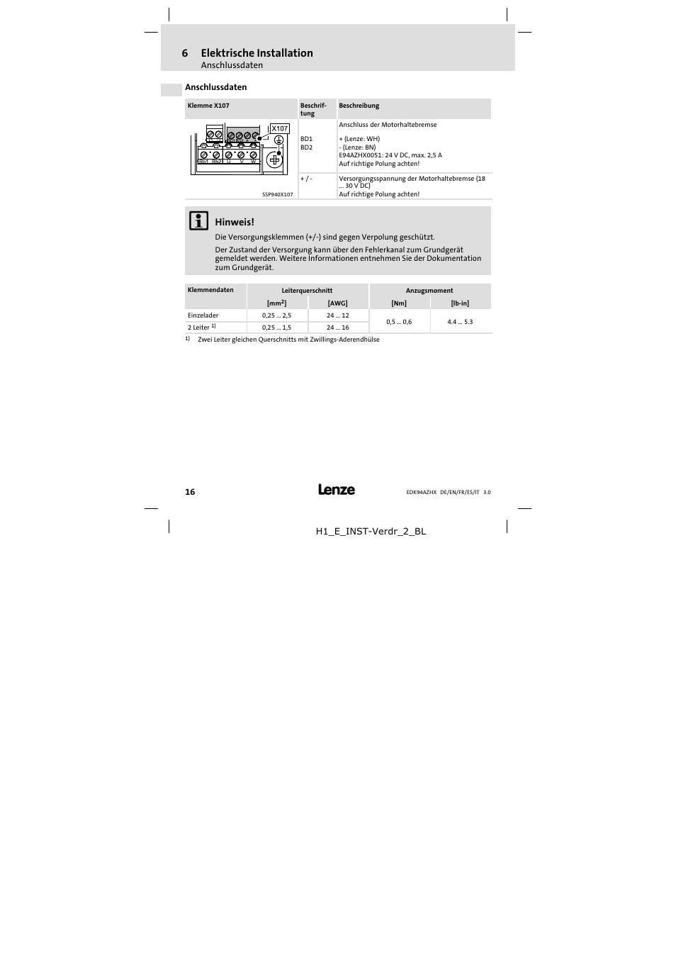 Anschlussdaten, 6elektrische installation, Hinweis | Lenze E94AZHX0051 User Manual | Page 16 / 88