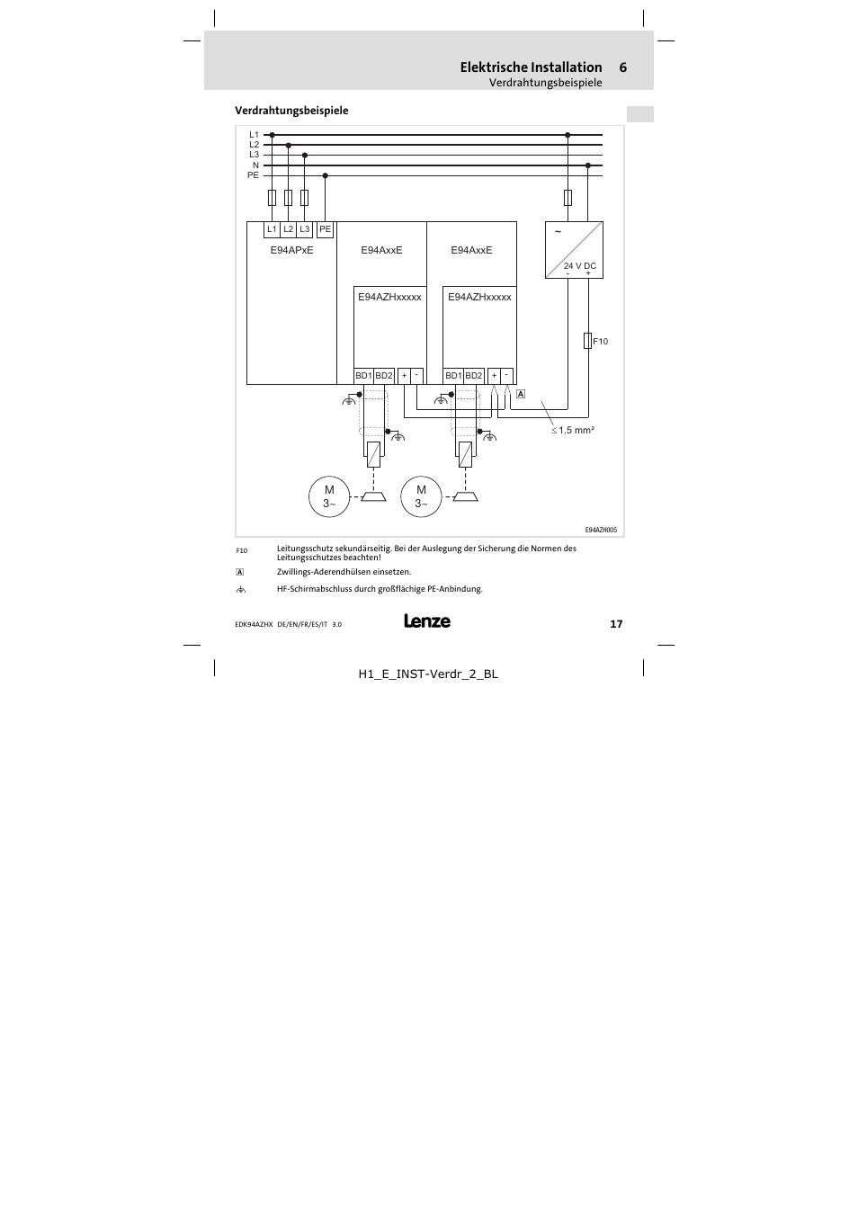 Verdrahtungsbeispiele, Elektrische installation | Lenze E94AZHX0051 User Manual | Page 17 / 88