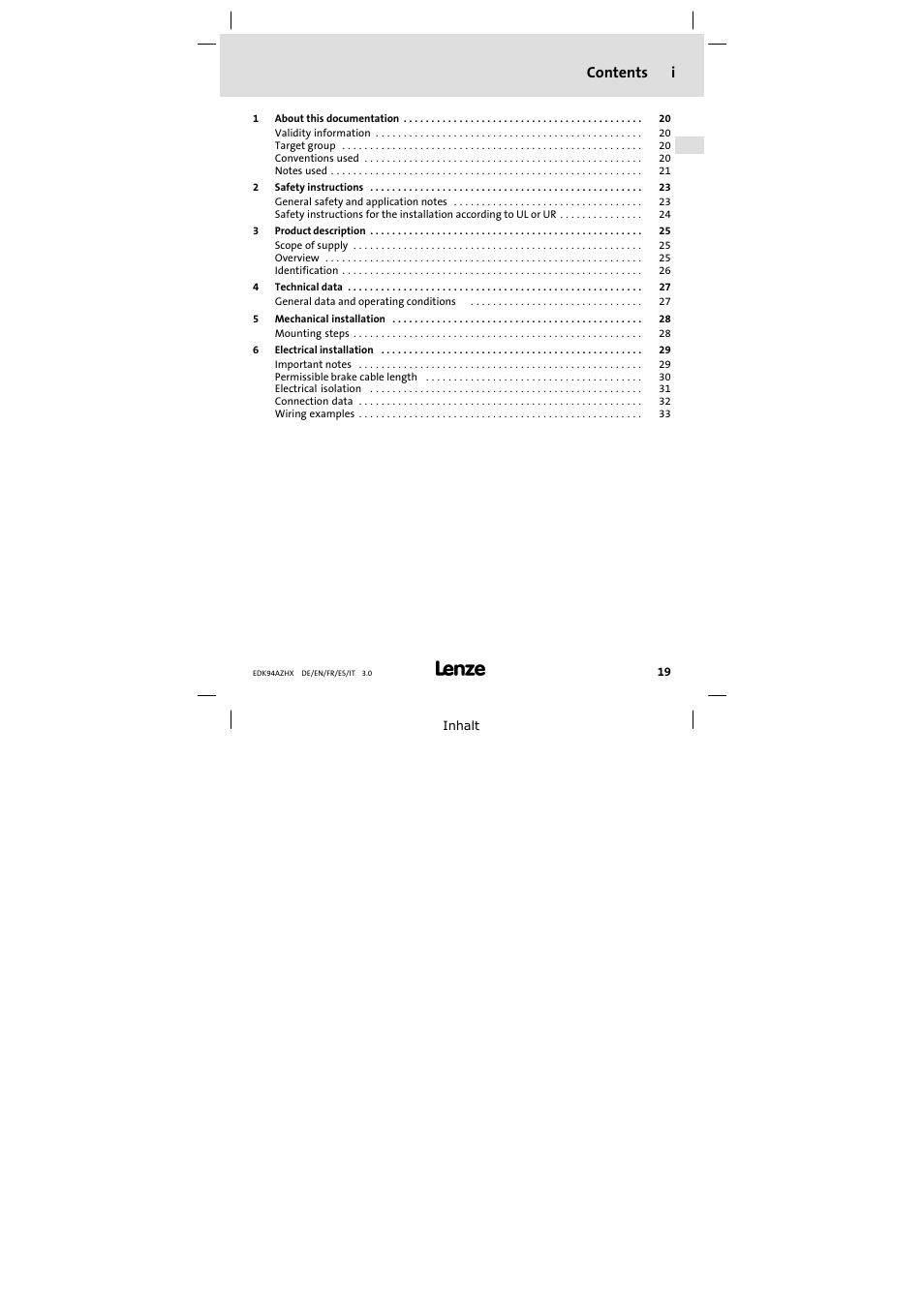 Contents i | Lenze E94AZHX0051 User Manual | Page 19 / 88