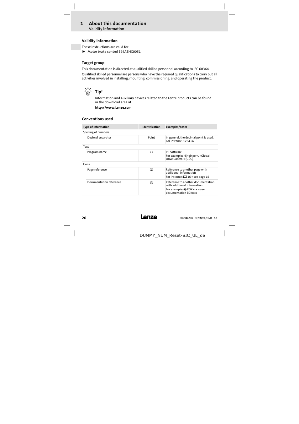 About this documentation, Validity information, Target group | Conventions used, 1about this documentation | Lenze E94AZHX0051 User Manual | Page 20 / 88