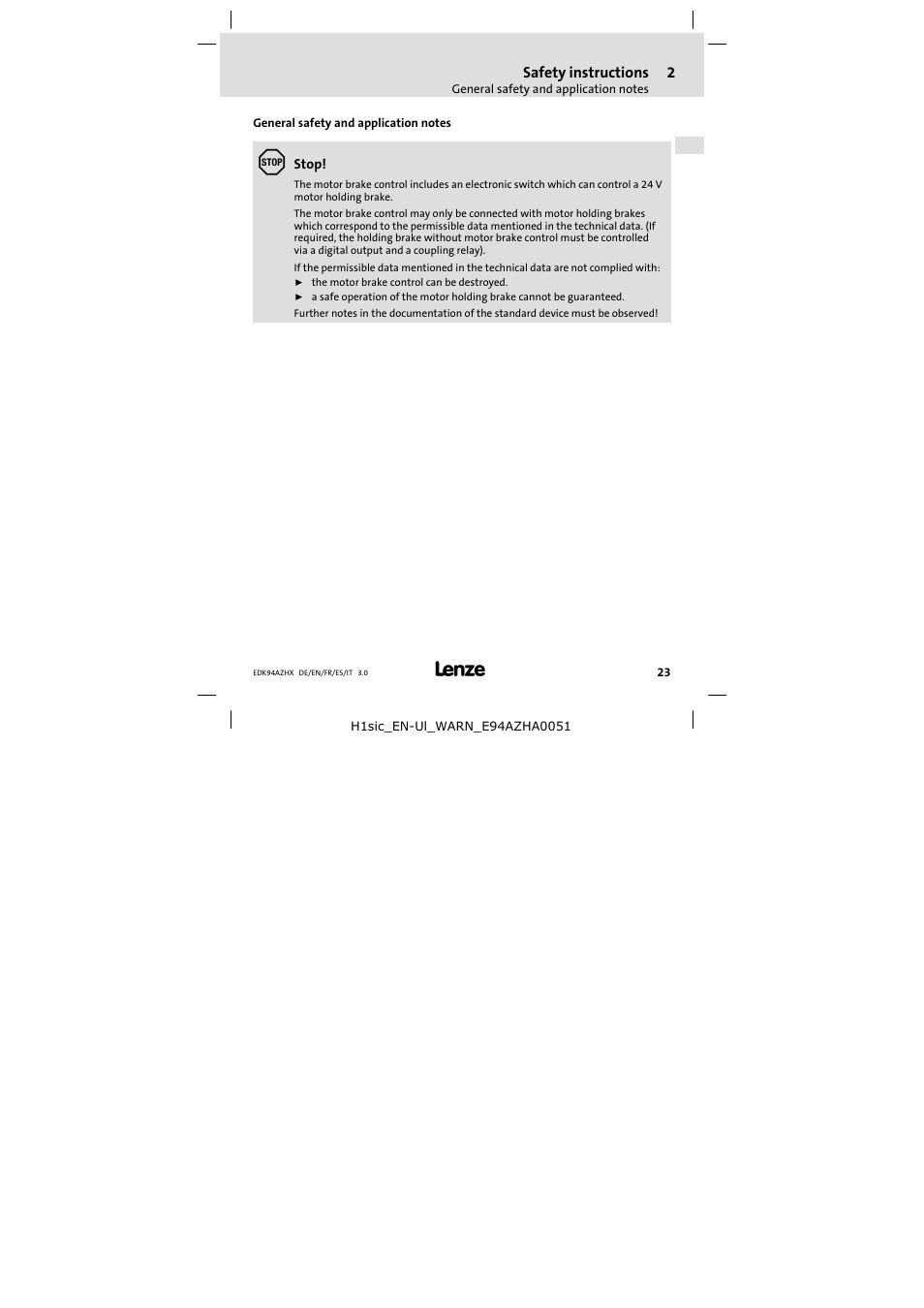 Safety instructions, General safety and application notes | Lenze E94AZHX0051 User Manual | Page 23 / 88