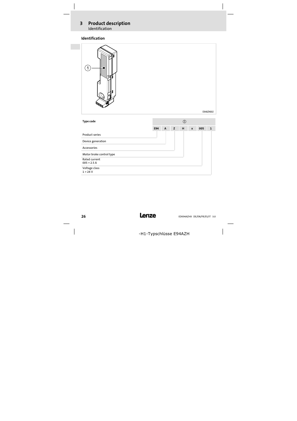 Identification, 3product description | Lenze E94AZHX0051 User Manual | Page 26 / 88