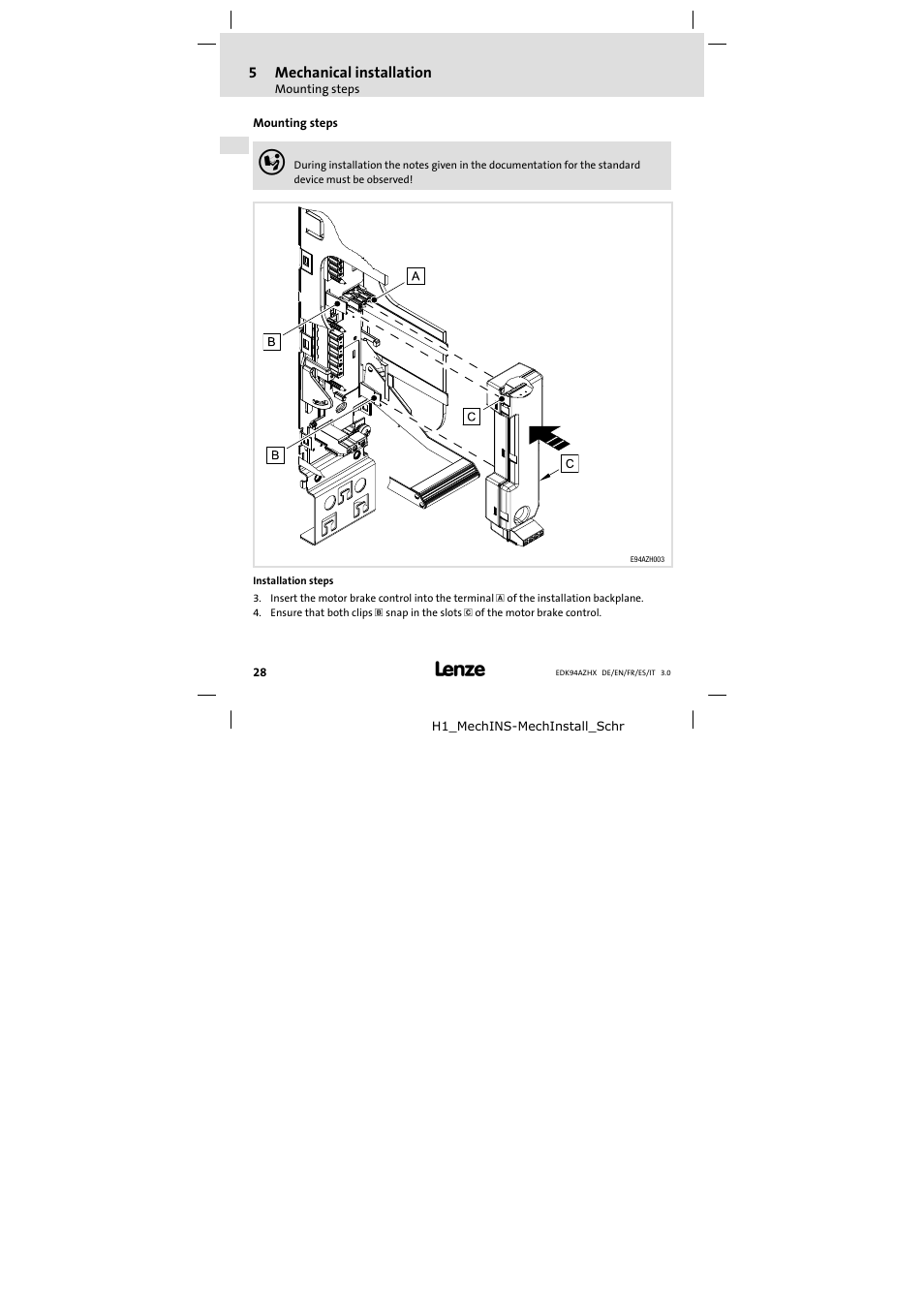 Mechanical installation, Mounting steps, 5mechanical installation | Lenze E94AZHX0051 User Manual | Page 28 / 88