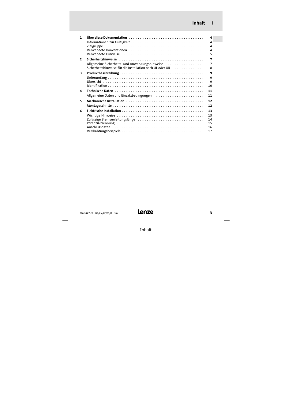 Inhalt i | Lenze E94AZHX0051 User Manual | Page 3 / 88