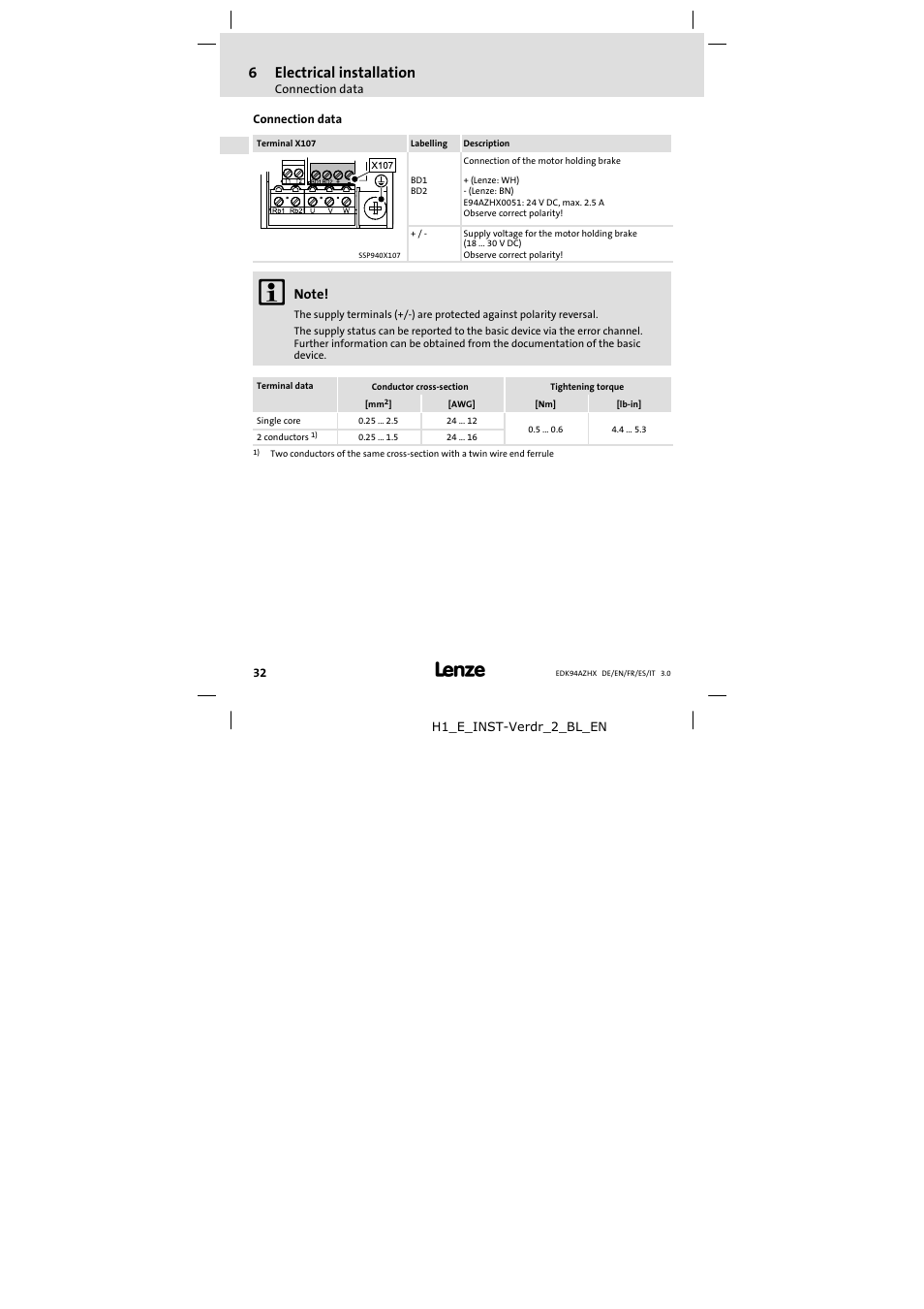 Connection data, 6electrical installation | Lenze E94AZHX0051 User Manual | Page 32 / 88