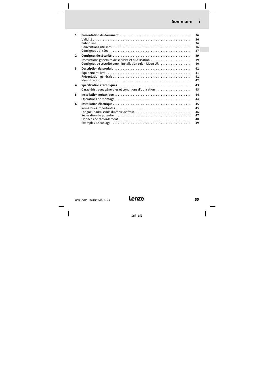 Sommaire i | Lenze E94AZHX0051 User Manual | Page 35 / 88