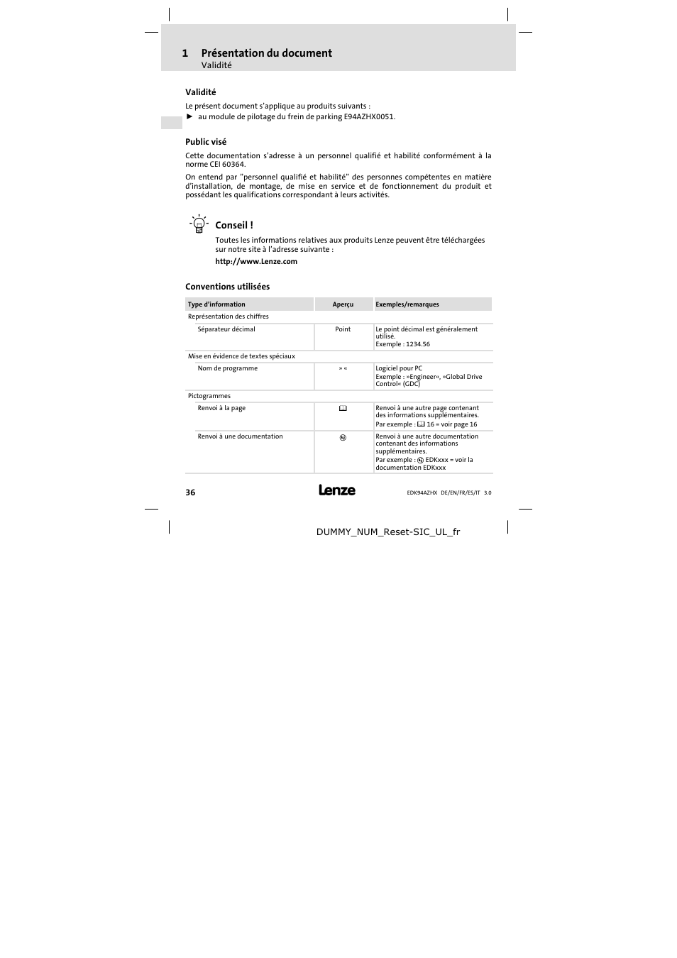 Présentation du document, Validité, Public visé | Conventions utilisées, 1présentation du document | Lenze E94AZHX0051 User Manual | Page 36 / 88