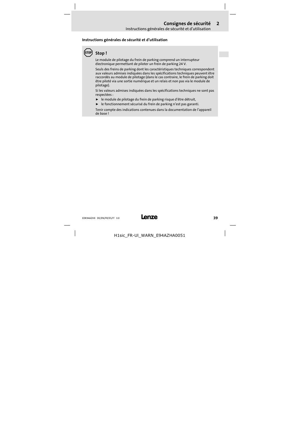 Consignes de sécurité | Lenze E94AZHX0051 User Manual | Page 39 / 88