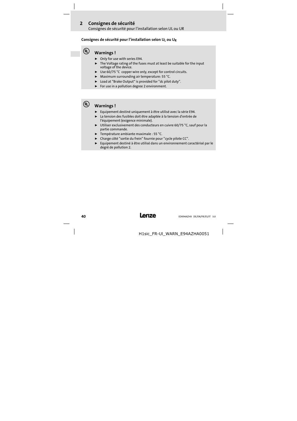 2consignes de sécurité | Lenze E94AZHX0051 User Manual | Page 40 / 88