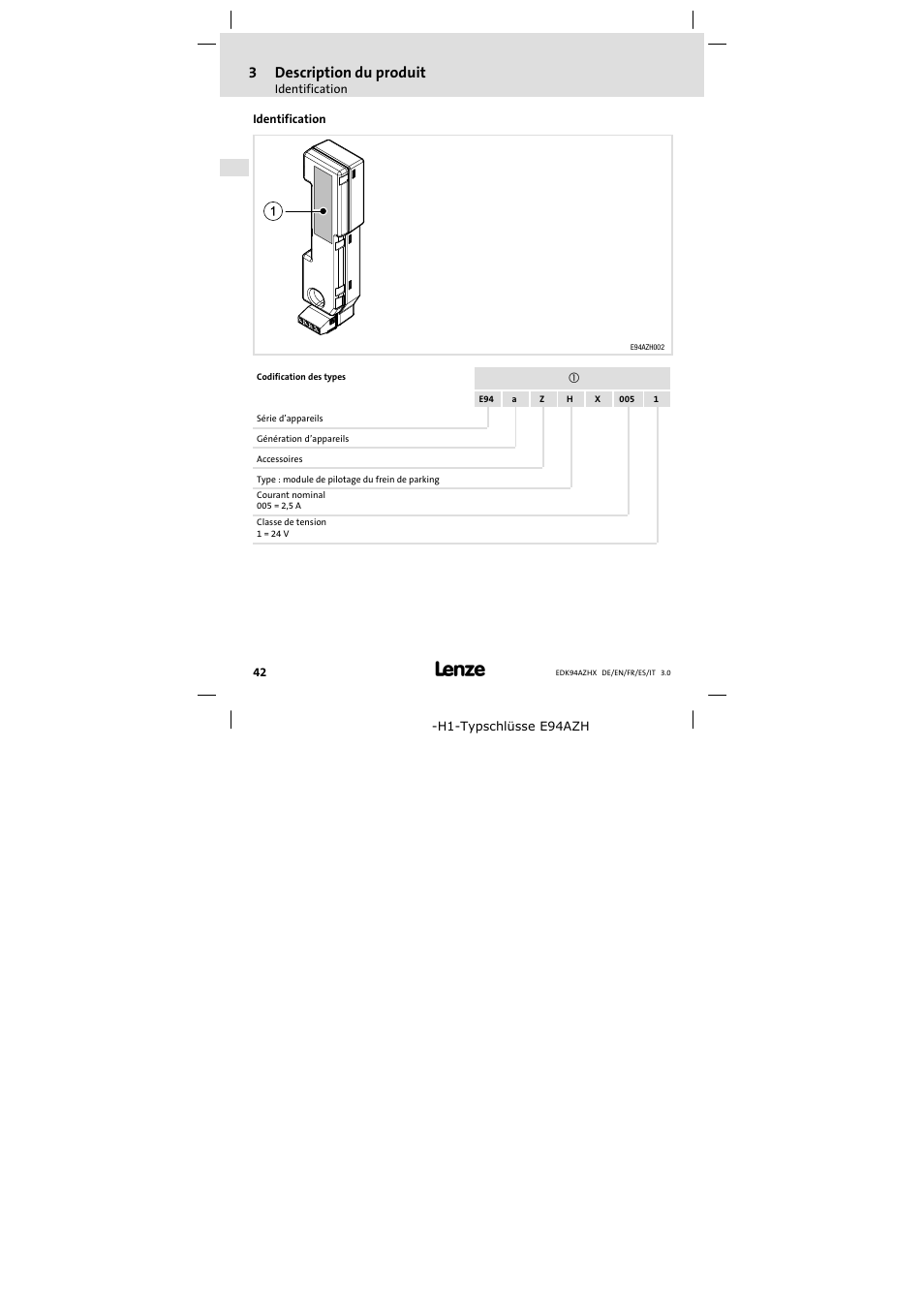 Identification, 3description du produit | Lenze E94AZHX0051 User Manual | Page 42 / 88
