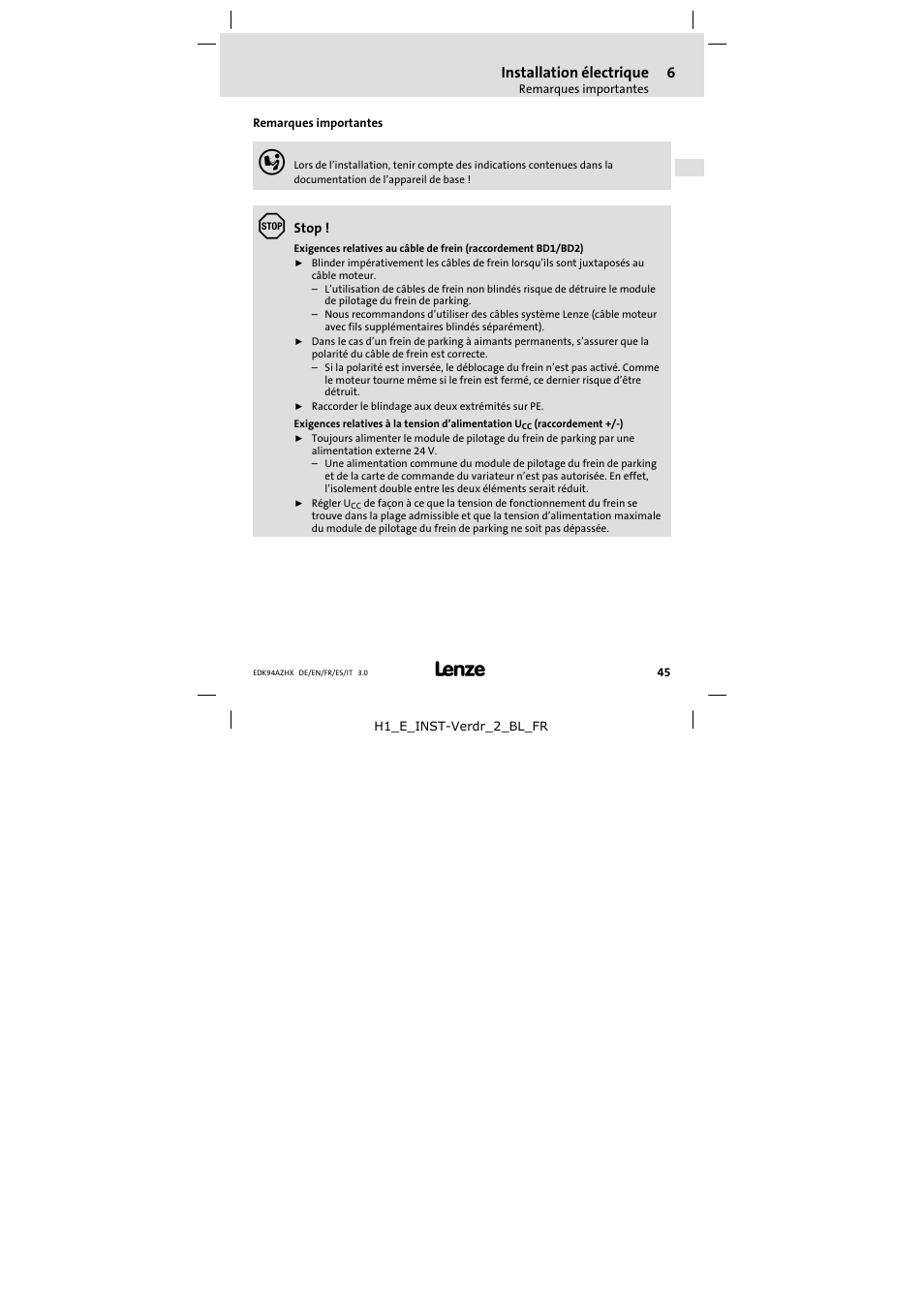 Installation électrique, Remarques importantes | Lenze E94AZHX0051 User Manual | Page 45 / 88