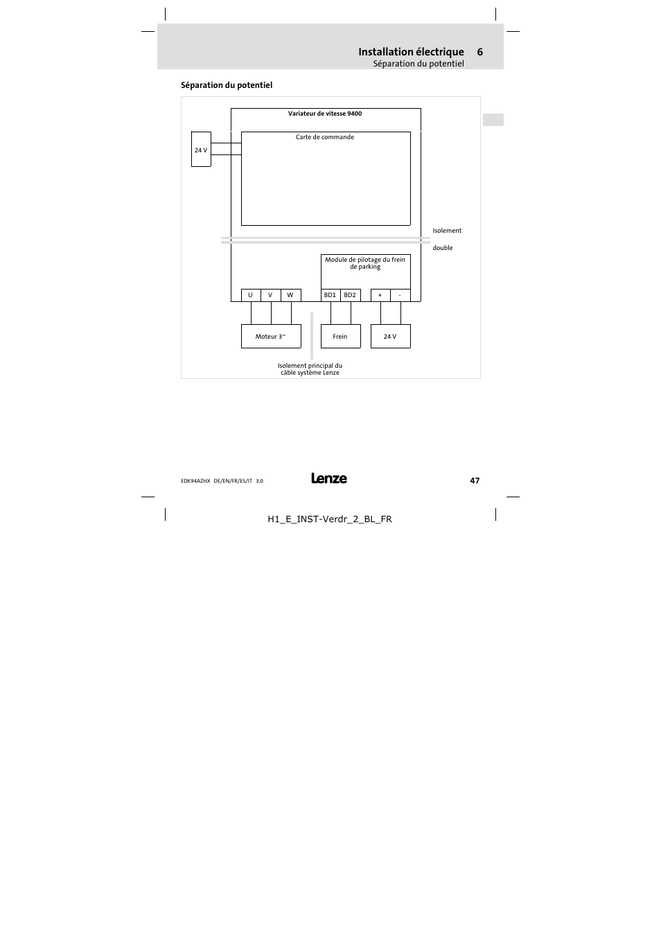 Séparation du potentiel, Installation électrique | Lenze E94AZHX0051 User Manual | Page 47 / 88